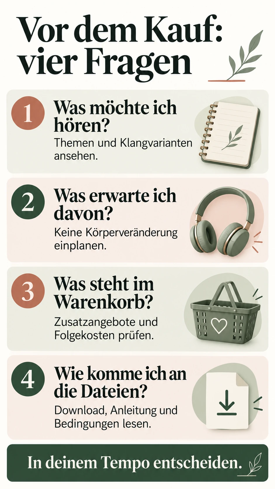 Vier Fragen vor dem Kauf: Audioinhalte, Erwartungen, Warenkorb mit Zusatzangeboten und Downloadbedingungen prüfen