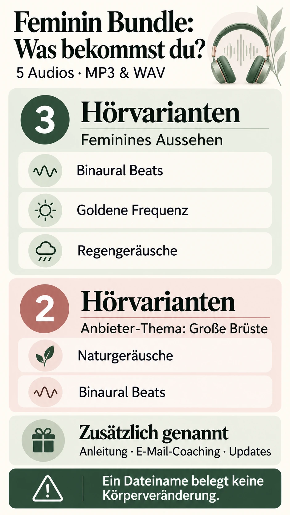 Lieferumfang des Feminin Bundles: drei Hörvarianten zum Thema Feminines Aussehen, zwei zum Anbieter-Thema Große Brüste; Anleitung, E-Mail-Coaching und Updates