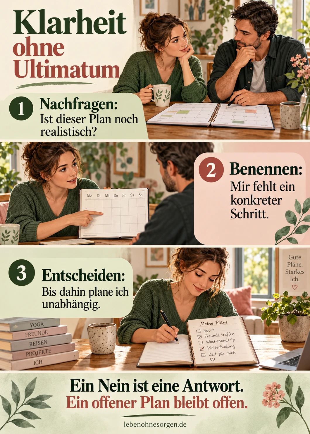 Future Faking Check: Zukunftsversprechen und Taten sortieren Klarheit ohne Ultimatum. Nachfragen: Ist dieser Plan noch realistisch? Benennen: Mir fehlt ein konkreter Schritt. Entscheiden: Bis dahin plane ich unabhängig.