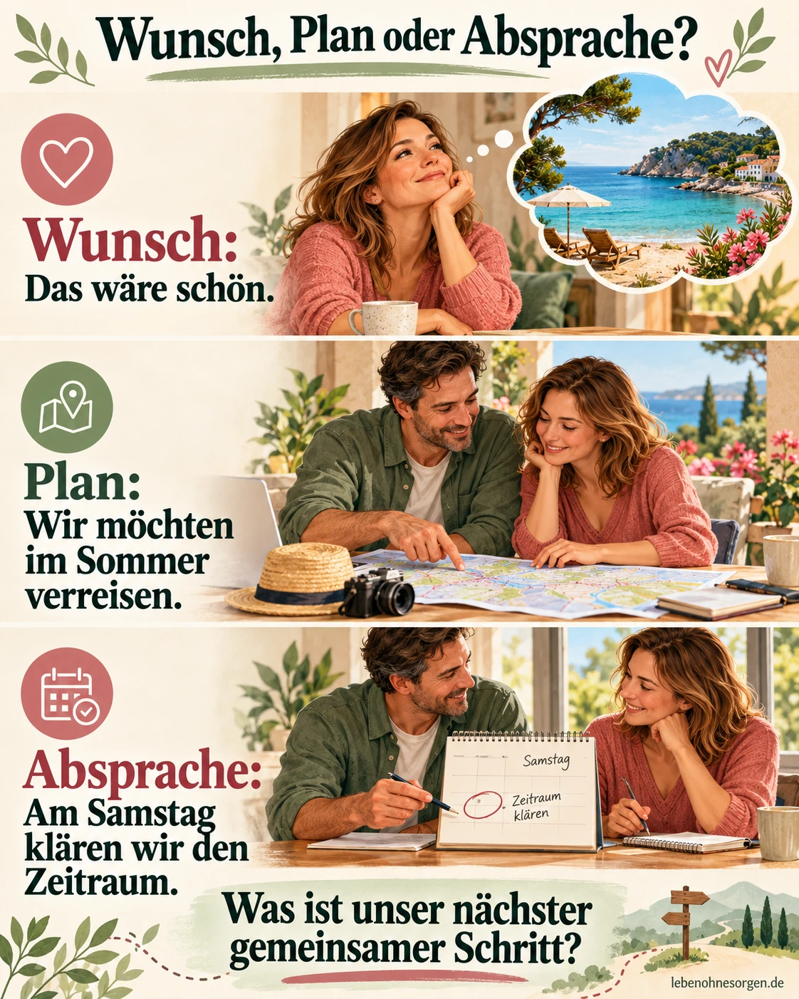 Future Faking Check: Zukunftsversprechen und Taten sortieren Wunsch, Plan oder Absprache?. Wunsch: Das wäre schön. Plan: Wir möchten im Sommer verreisen. Absprache: Am Samstag klären wir den Zeitraum.