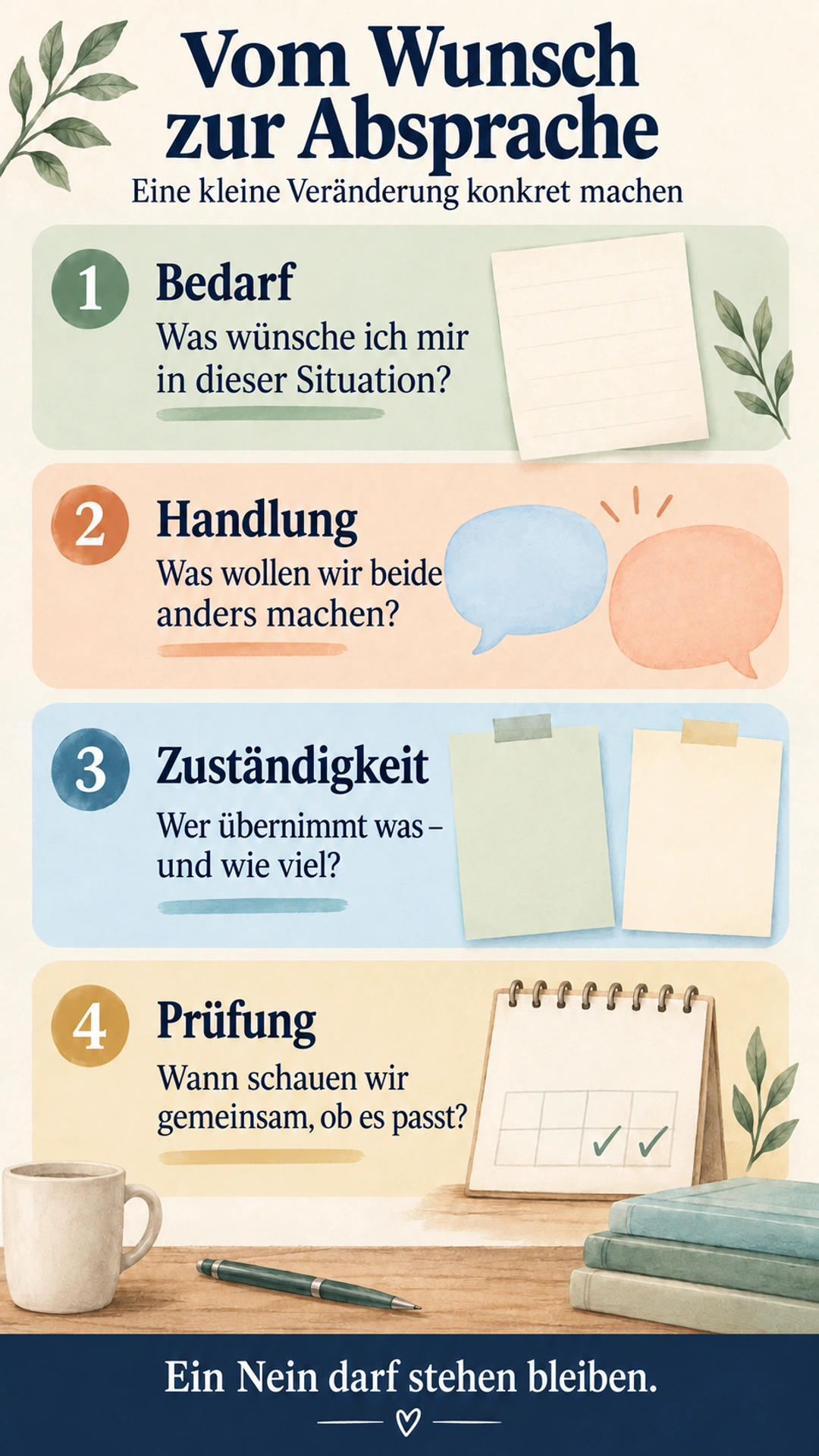 Was macht eine gute Beziehung aus? 4 Bereiche im Alltag Bedarf, Handlung, Zuständigkeit und gemeinsame Prüfung für eine konkrete Paarabsprache
