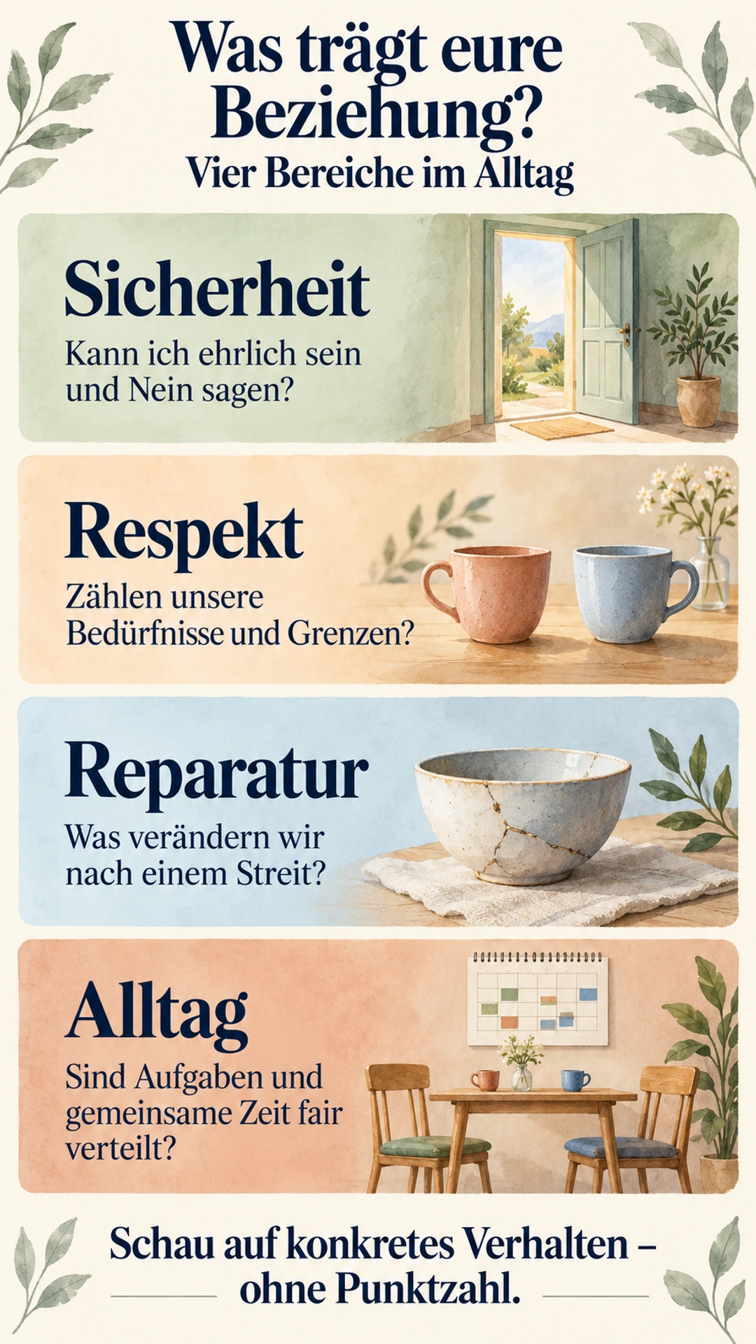 Was macht eine gute Beziehung aus? 4 Bereiche im Alltag Sicherheit, Respekt, Reparatur und Alltag mit vier konkreten Fragen zur Beziehung