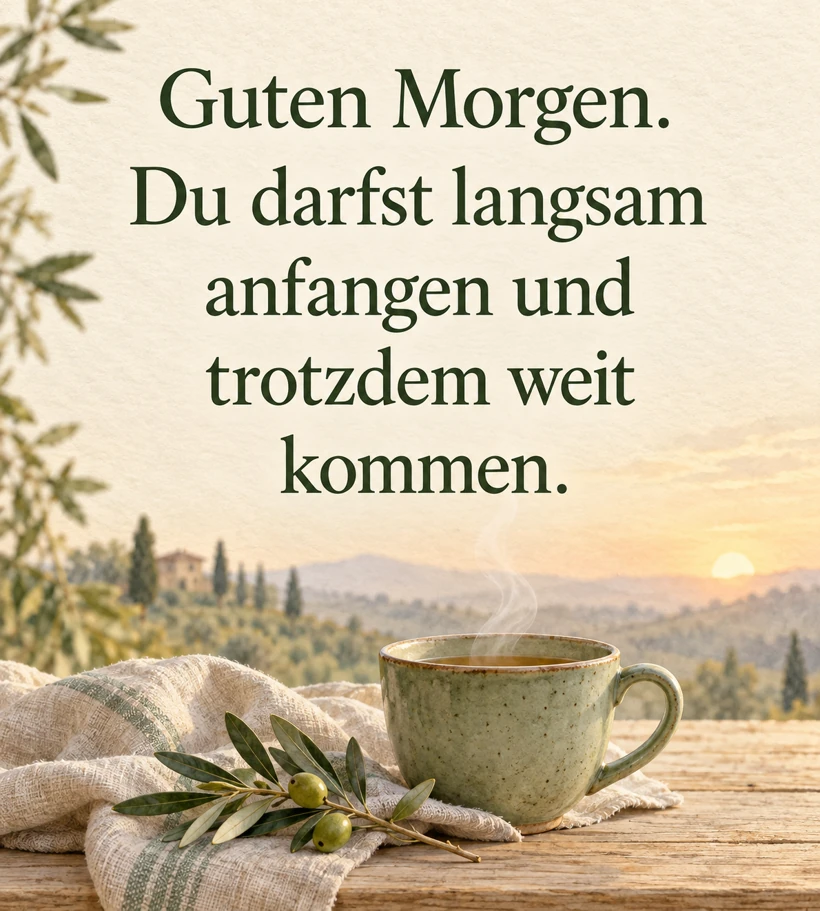 Helle Spruchkarte mit dem Text: Guten Morgen. Du darfst langsam anfangen und trotzdem weit kommen.
