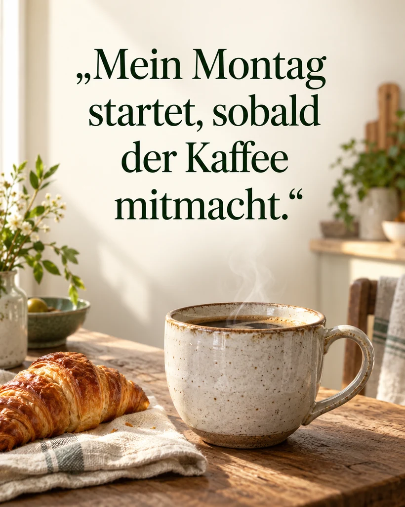 Lustige Montagssprüche mit Kaffee und Humor: Mein Montag startet, sobald der Kaffee mitmacht.