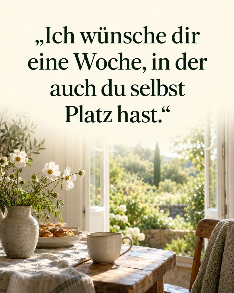Guten Start in die neue Woche: liebe Grüße: Ich wünsche dir eine Woche, in der auch du selbst Platz hast.