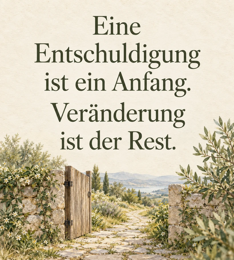 Harte Sprüche zum Nachdenken Helle Spruchkarte mit dem Text: Eine Entschuldigung ist ein Anfang. Veränderung ist der Rest.