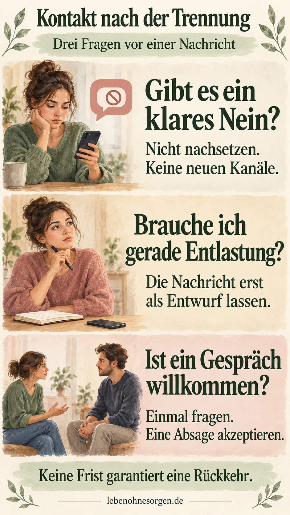 Kontakt nach der Trennung: klares Nein respektieren, eigene Dringlichkeit prüfen und ein Gespräch freiwillig anbieten