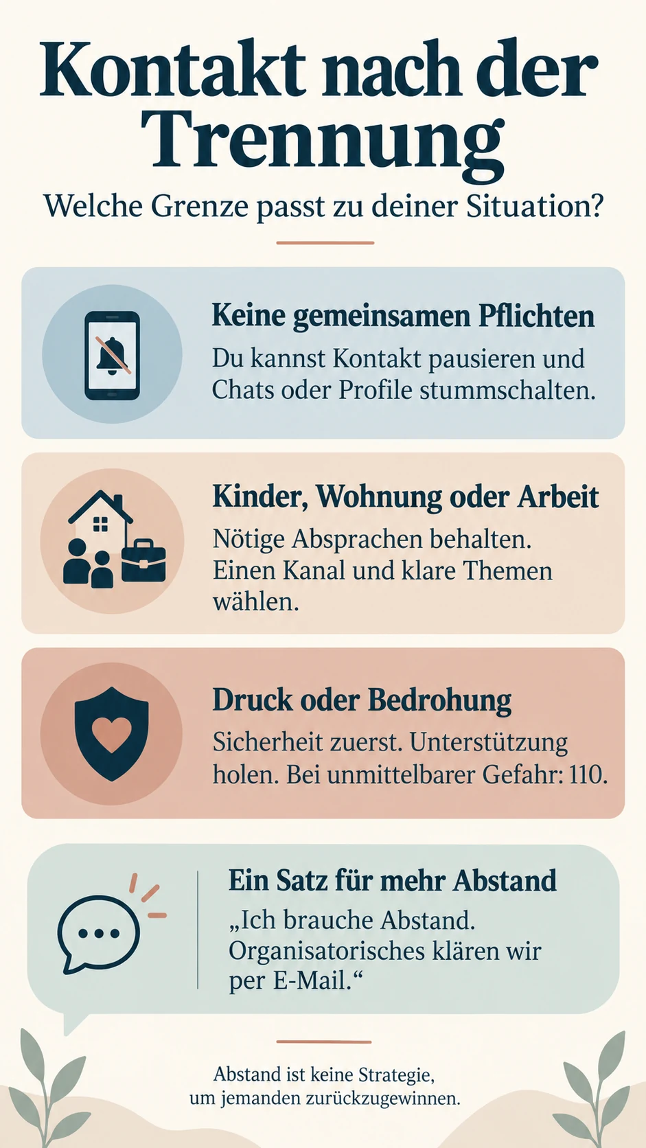 Liebeskummer überwinden: was dir jetzt hilft Kontakt nach der Trennung regeln: freiwillige Pause, notwendige Absprachen oder Sicherheit bei Druck und Bedrohung