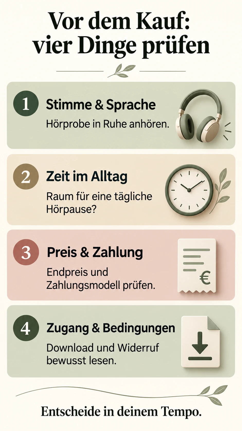 21 Tage Loslassen in Leichtigkeit Vier Kaufchecks: Hörprobe, Zeit für eine tägliche Hörpause, Endpreis und Zahlungsmodell sowie Zugang, Download und Widerruf