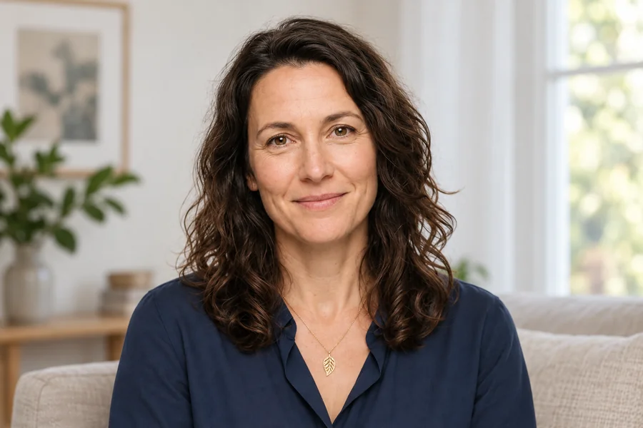 Mara in einer dunkelblauen Bluse in einem ruhigen, hellen Wohnraum