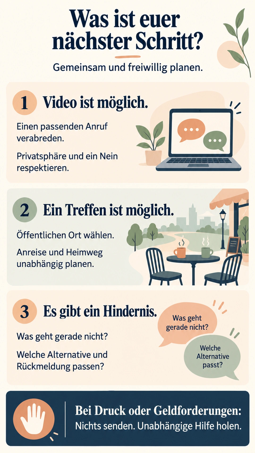 Nächster freiwilliger Schritt: Videoanruf, öffentliches unabhängiges Treffen oder Hindernis und Alternative klären
