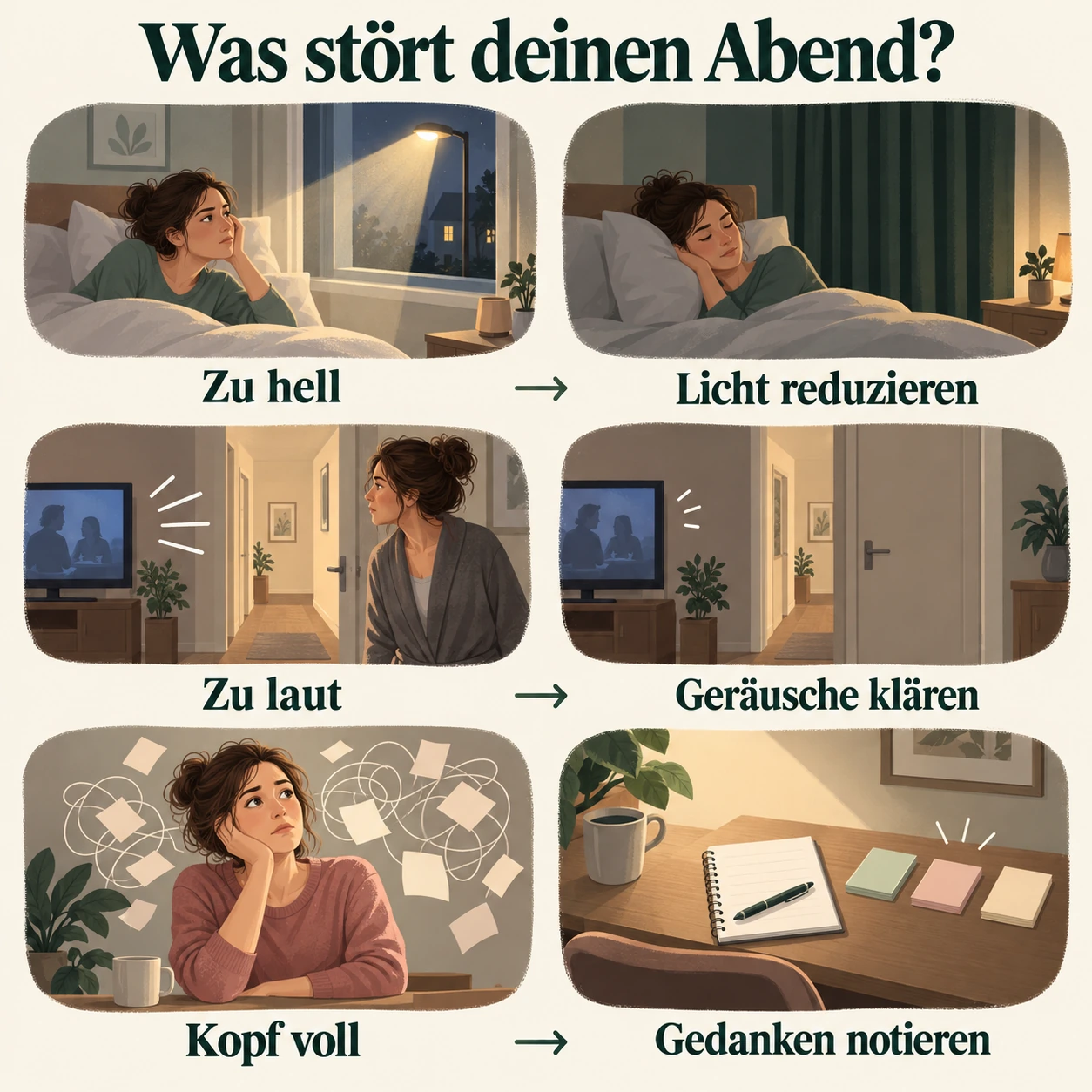 Besser schlafen: kleine Hilfen für ruhigere Abende Bildhafte Orientierung: Licht reduzieren, Geräusche klären und Gedanken notieren