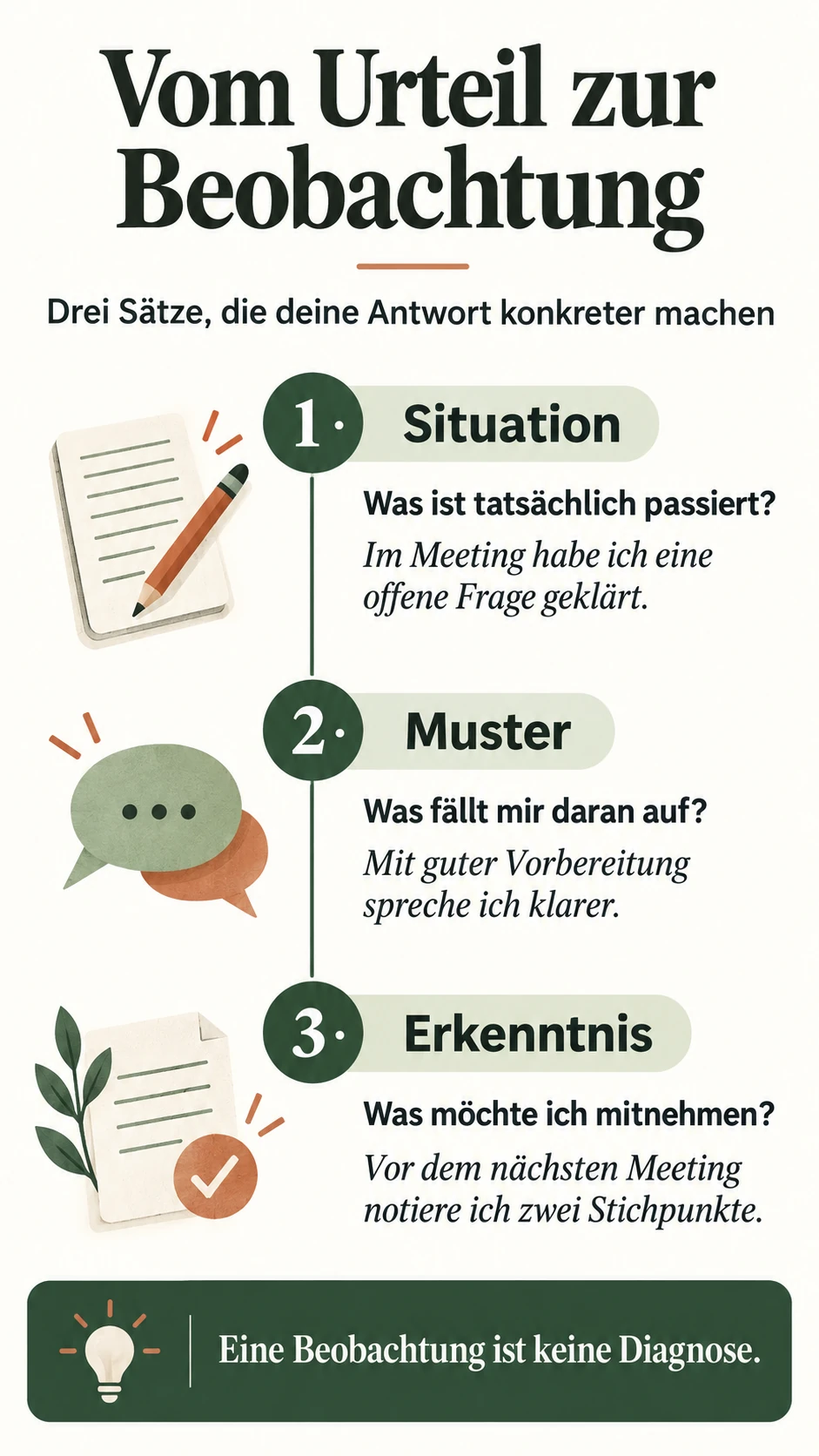 Drei Schritte: Situation beschreiben, Muster erkennen, Erkenntnis festhalten. Das vollständige Meeting-Beispiel folgt als Text.