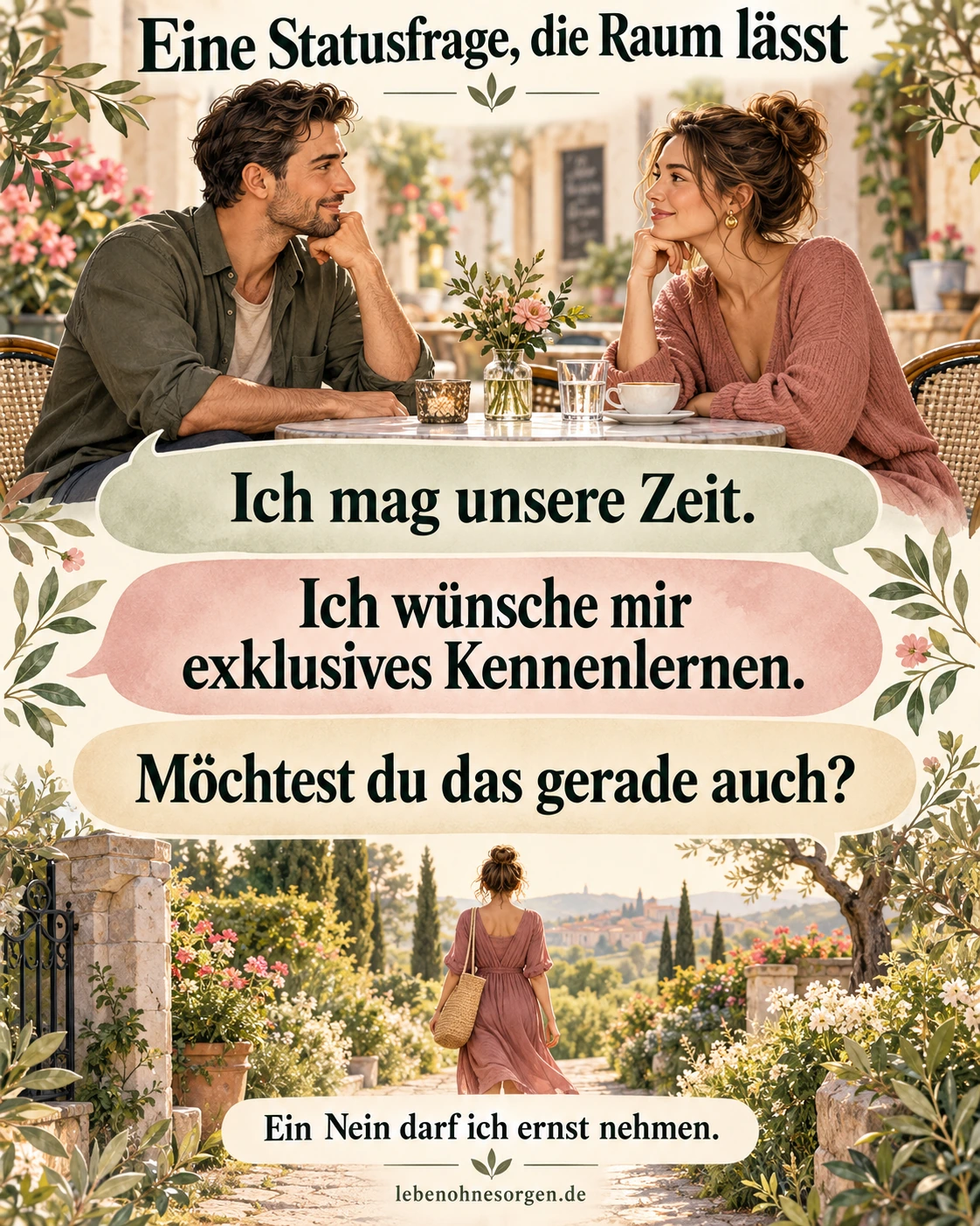 Situationship-Check: Was wünschst du dir, was ist vereinbart? Eine Statusfrage, die Raum lässt. Ich mag unsere Zeit. Ich wünsche mir exklusives Kennenlernen. Möchtest du das gerade auch? Ein Nein darf ich ernst nehmen.