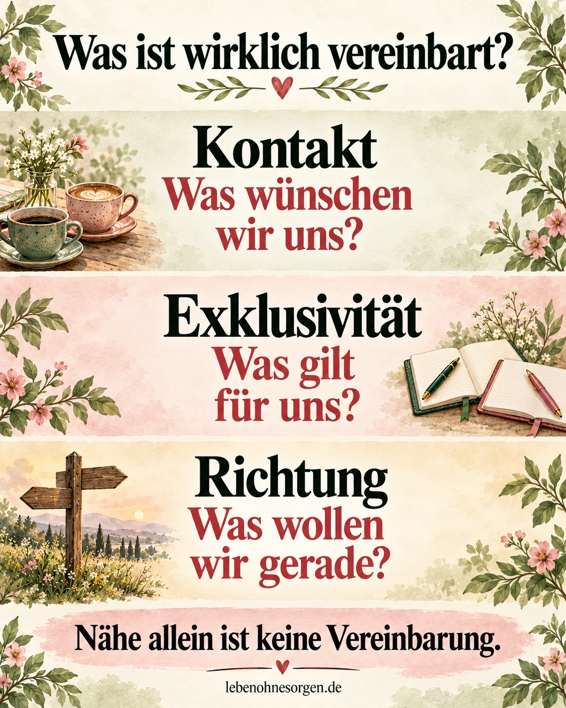 Situationship-Check: Was wünschst du dir, was ist vereinbart? Was ist wirklich vereinbart?. Kontakt: Was wünschen wir uns? Exklusivität: Was gilt für uns? Richtung: Was wollen wir gerade? Nähe allein ist keine Vereinbarung.