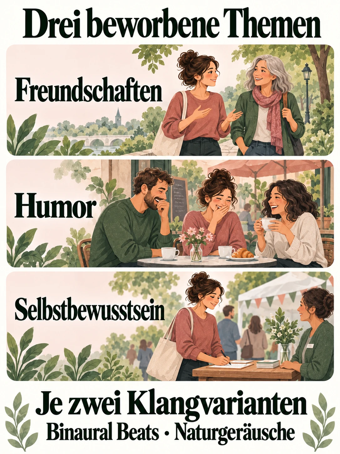 Drei beworbene Themen: Freundschaften, Humor und Selbstbewusstsein; je zwei Klangvarianten