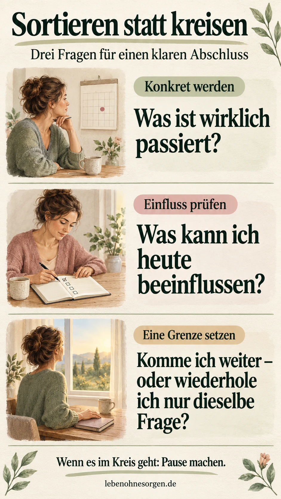Innere Ruhe durch Selbstreflexion: Gedanken sortieren Sortieren statt kreisen: Was ist wirklich passiert? Was kann ich heute beeinflussen? Komme ich weiter oder wiederhole ich dieselbe Frage?
