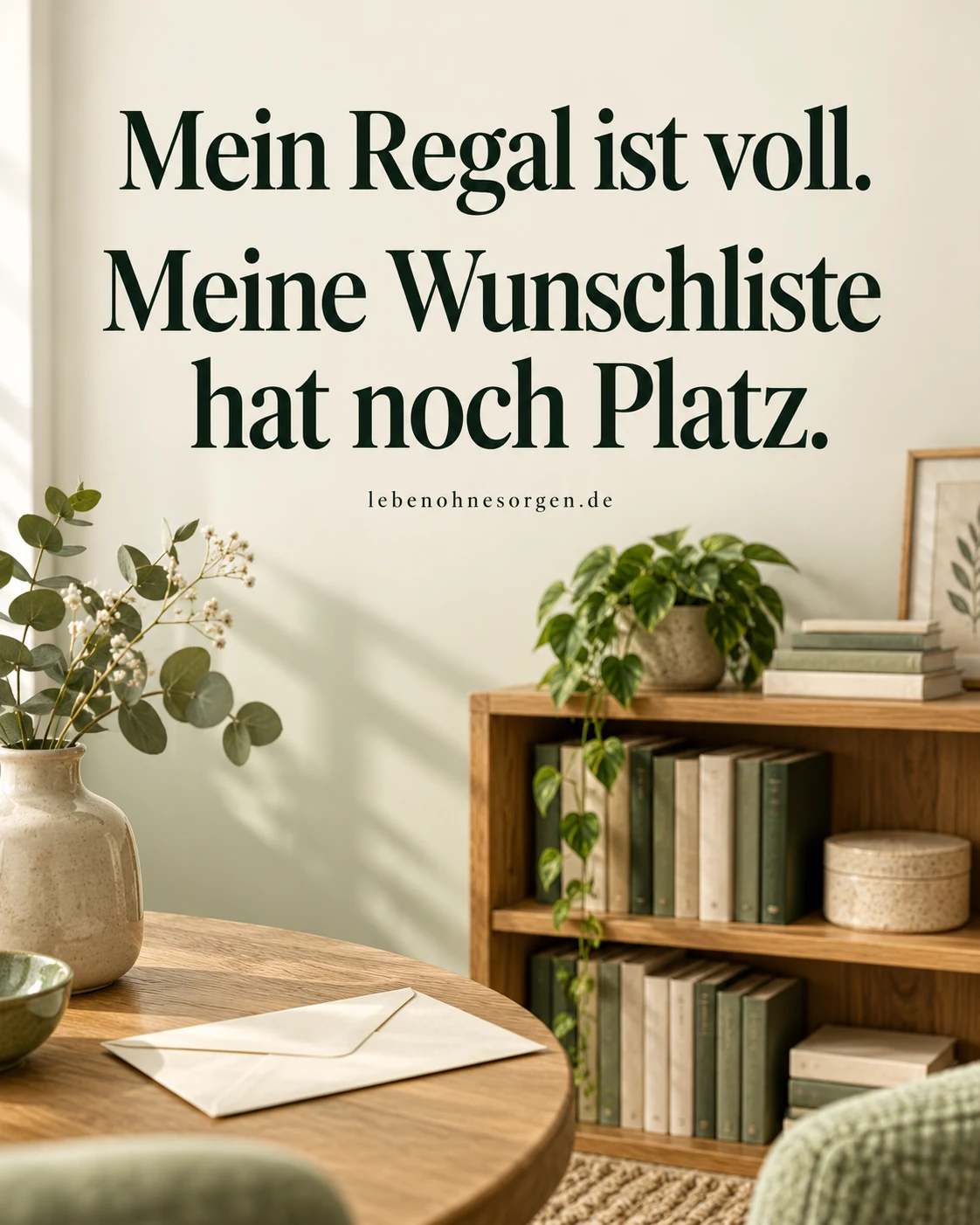 Geldwünsche mit Humor: Mein Regal ist voll. Meine Wunschliste hat noch Platz.