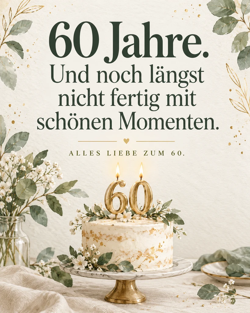 Helle Geburtstagskarte mit Torte und dem Spruch: 60 Jahre. Und noch längst nicht fertig mit schönen Momenten.