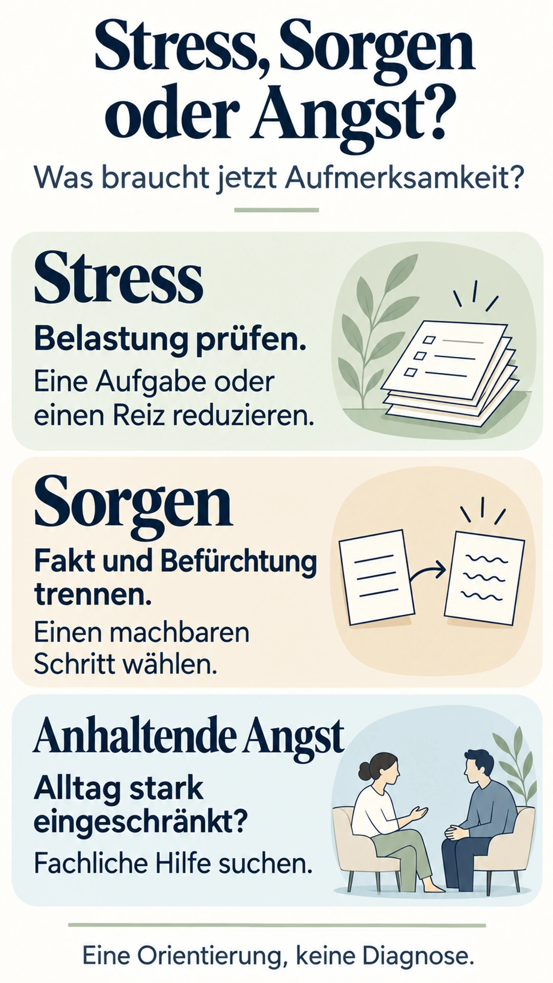 Gelassener werden: Was bei Unruhe und Angst hilft Stress durch Entlastung angehen, Sorgen in Fakten und Befürchtungen sortieren, anhaltende belastende Angst fachlich abklären