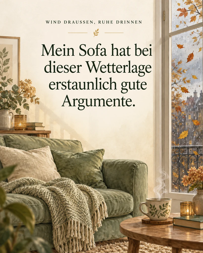 Lustige Sturm-Sprüche Helle Spruchkarte mit Sofa und Teetasse: Mein Sofa hat bei dieser Wetterlage erstaunlich gute Argumente.