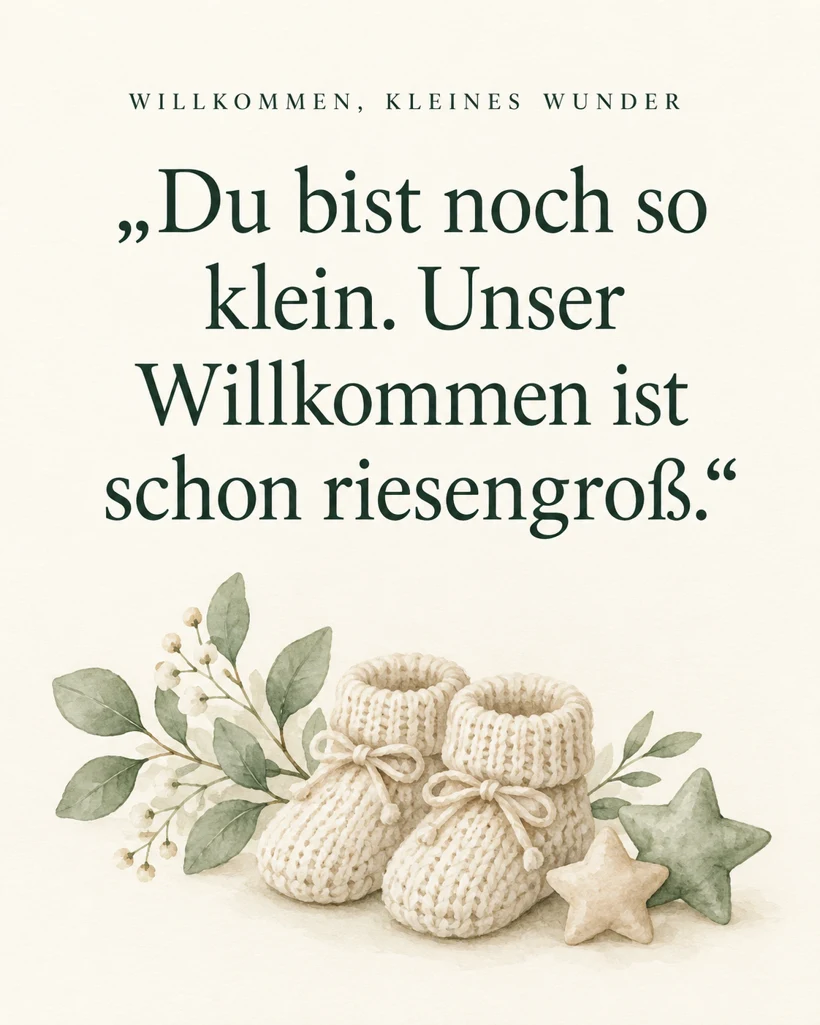 Süße Sprüche zur Geburt Helle Spruchkarte mit Babyschühchen und dem Text: Du bist noch so klein. Unser Willkommen ist schon riesengroß.