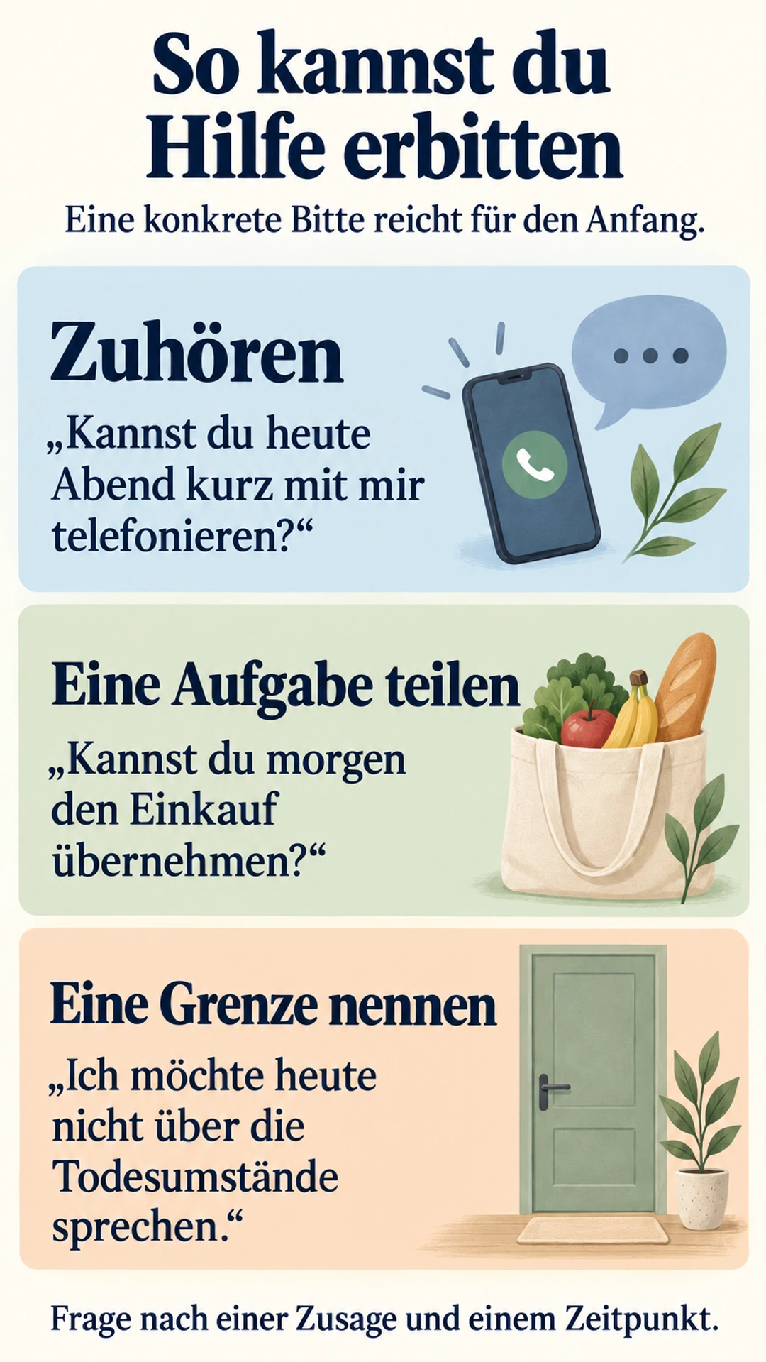 Wenn die Liebe deines Lebens stirbt: Halt in der Trauer Drei konkrete Bitten um Unterstützung: telefonieren, Einkauf übernehmen und eine Gesprächsgrenze respektieren