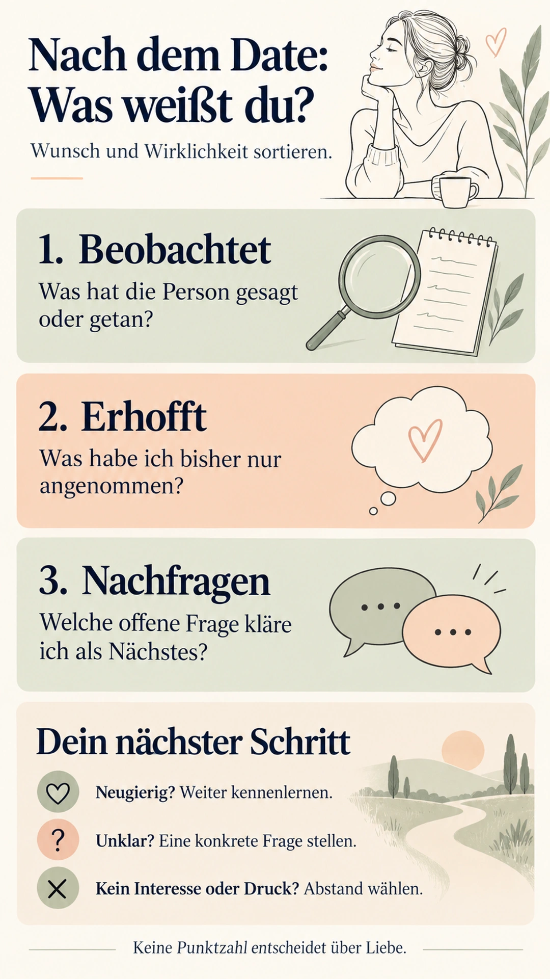 Nach dem Date: Beobachtung, Hoffnung und offene Frage unterscheiden, dann nächsten Schritt wählen