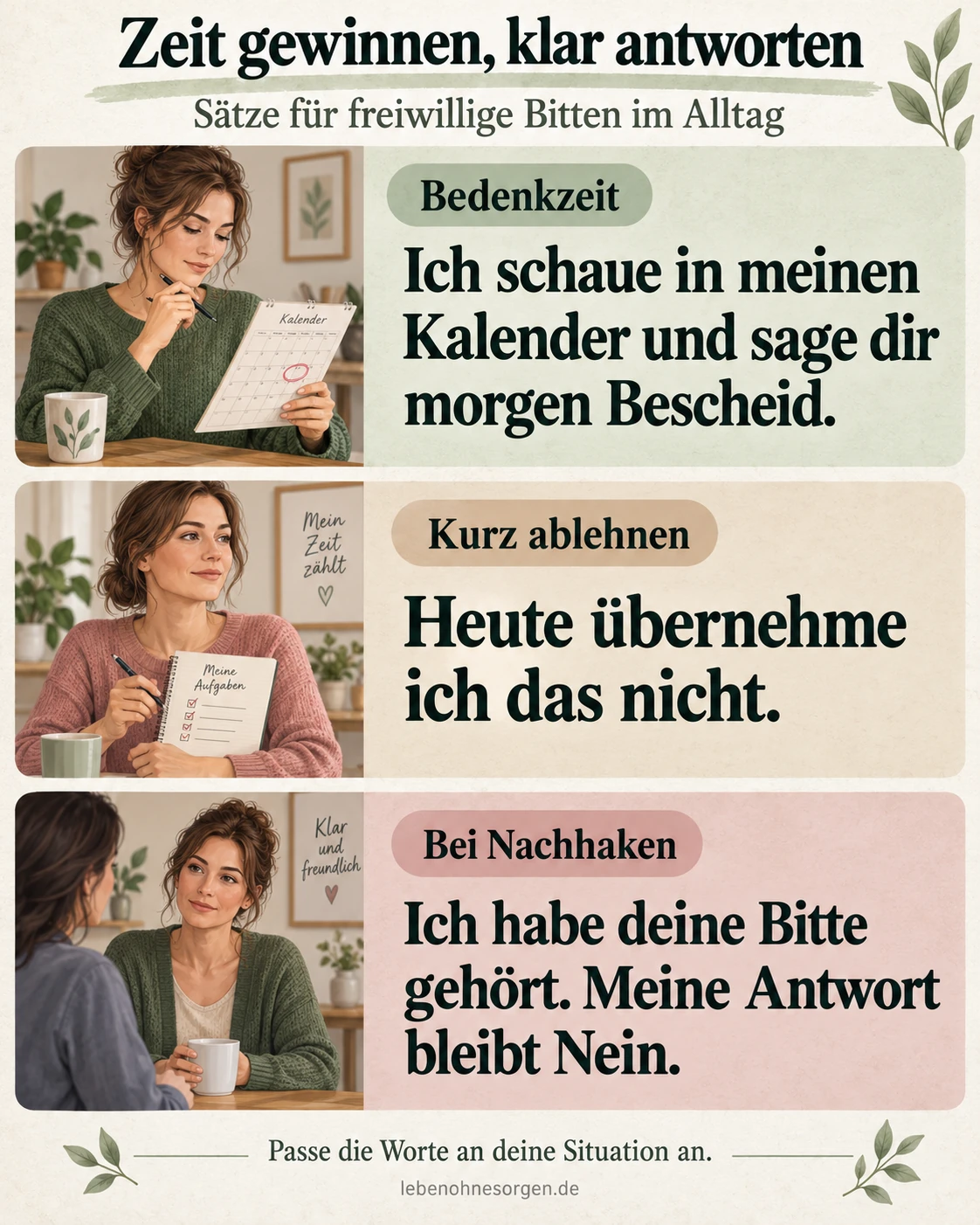 Grenzen setzen Workbook: dein Nein in eigene Worte fassen Bedenkzeit:Ich schaue in meinen Kalender und sage dir morgen Bescheid.Kurz ablehnen:Heute übernehme ich das nicht.Bei Nachhaken:Meine Antwort bleibt Nein.